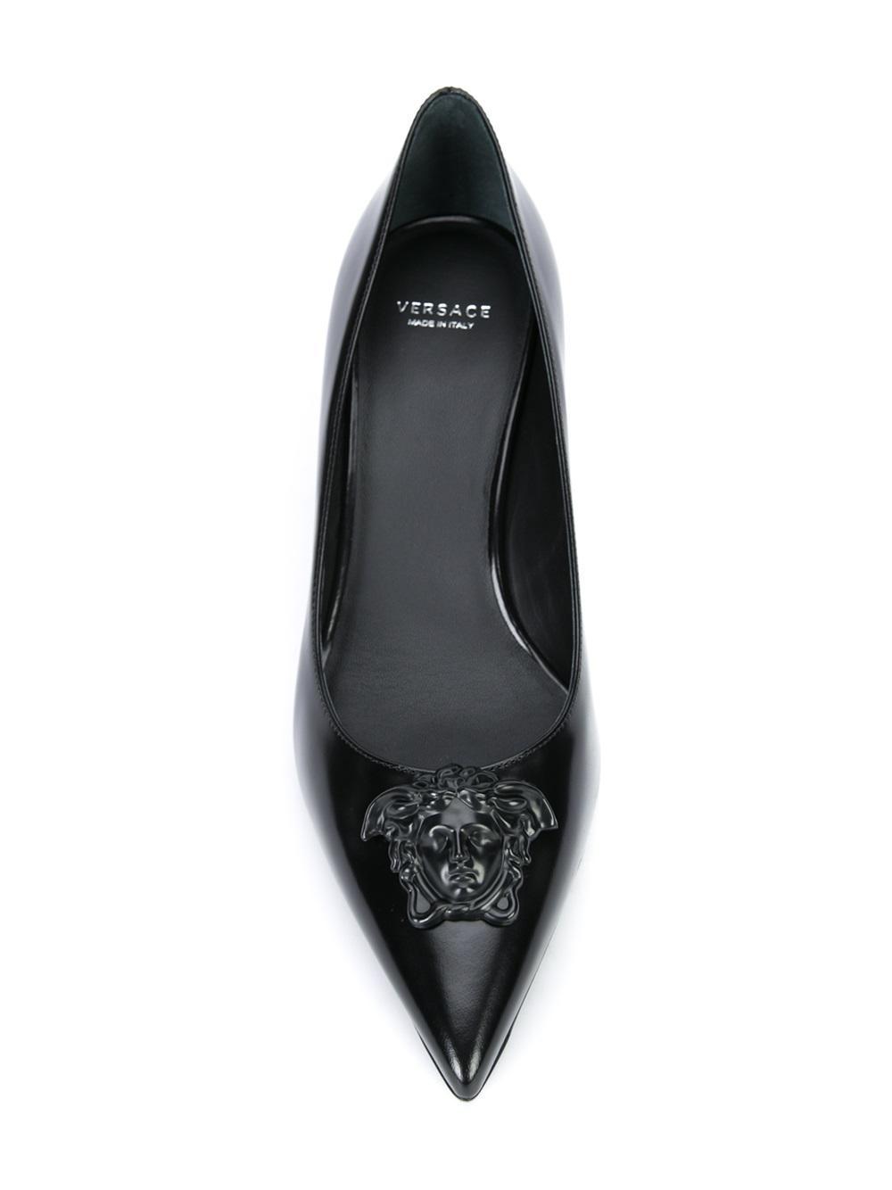 Versace Leather Palazzo Medusa Kitten Heel Pumps in Black - Lyst