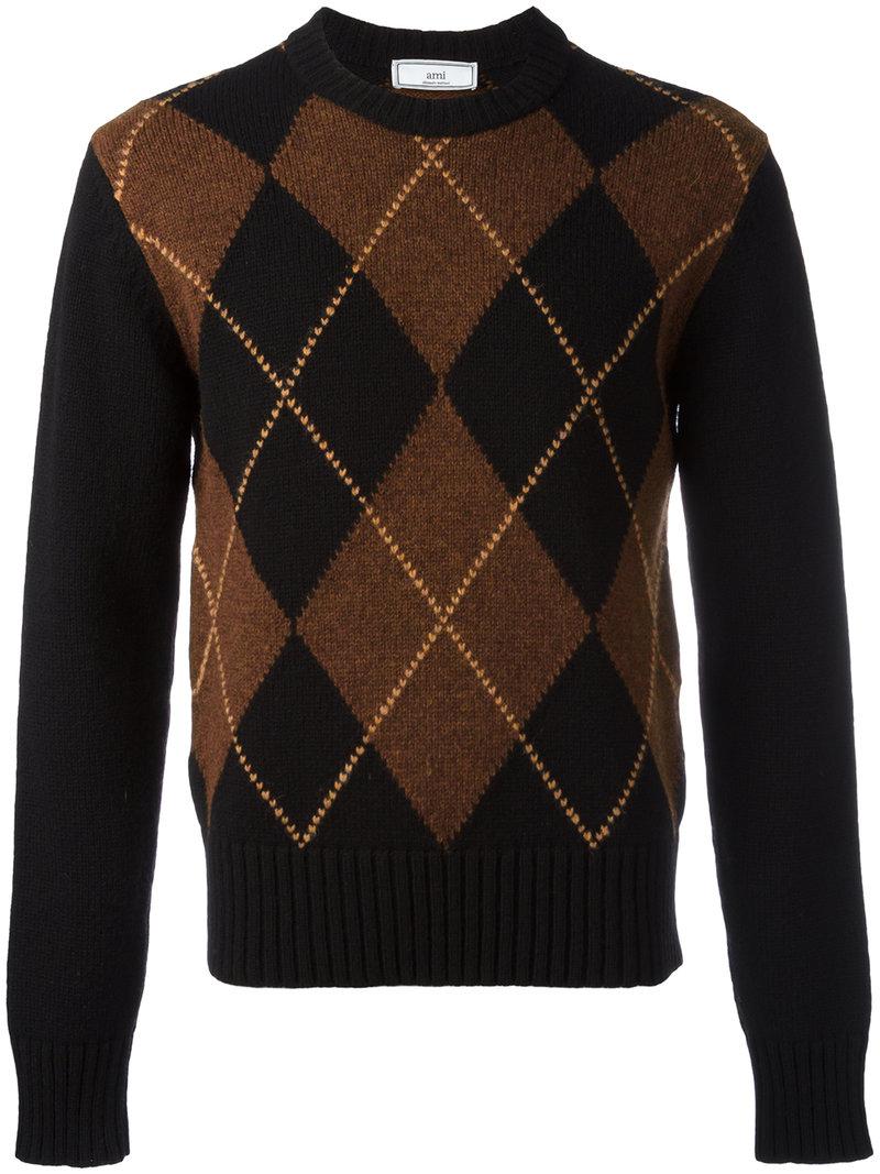 Lyst - AMI Argyle Pattern Crew Neck Sweater in Brown for Men