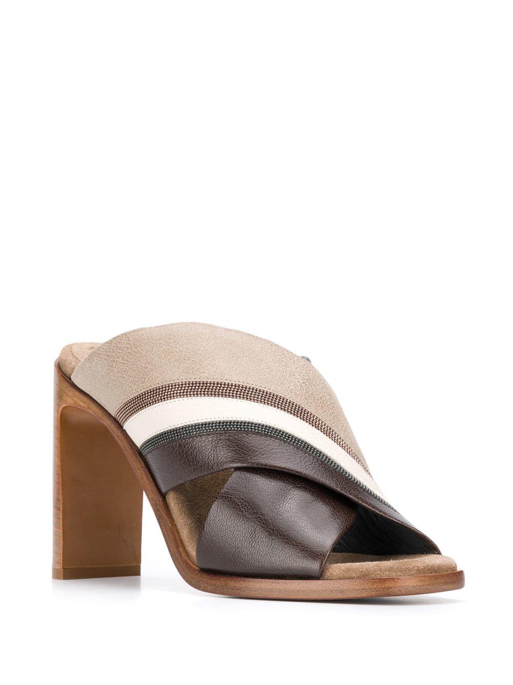 Brunello Cucinelli Leather Double Strap Mules in Brown - Lyst
