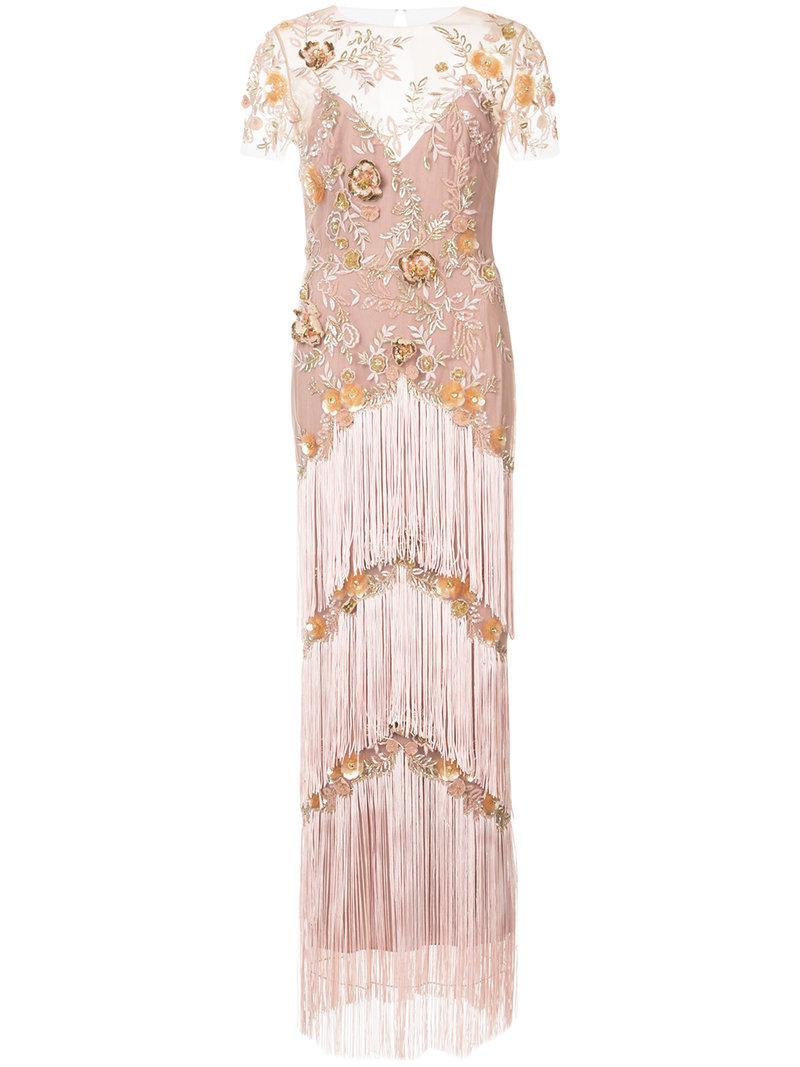 Lyst Notte By Marchesa Fringed Embroidered Maxi Dress in Pink