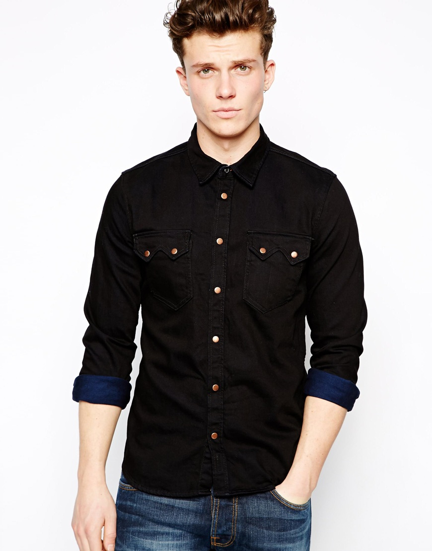 Lyst - Nudie Jeans Nudie Denim Shirt Gusten Black On Blue in Black for Men