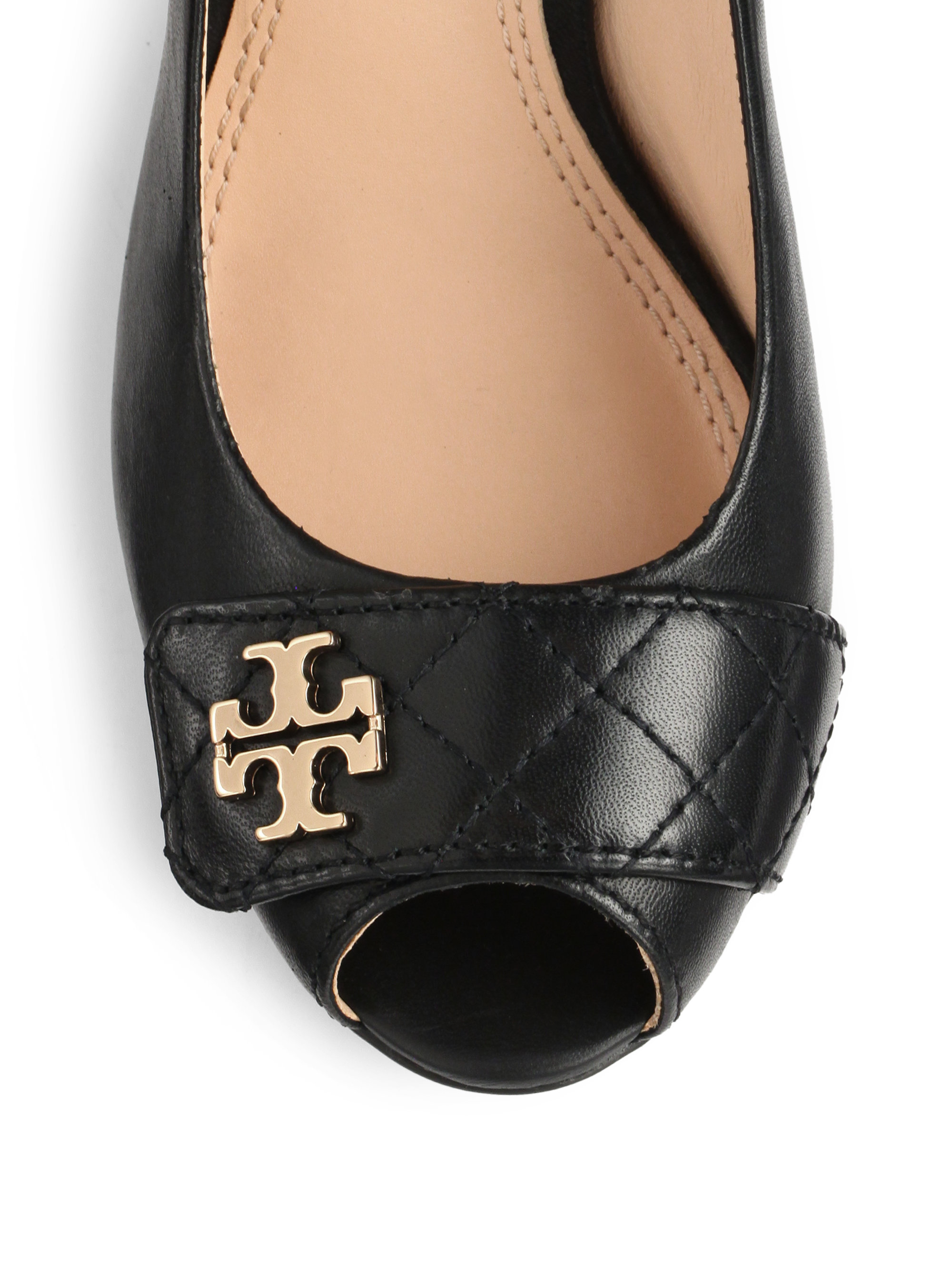 Tory burch Leila Leather Peeptoe Wedge Pumps in Black | Lyst