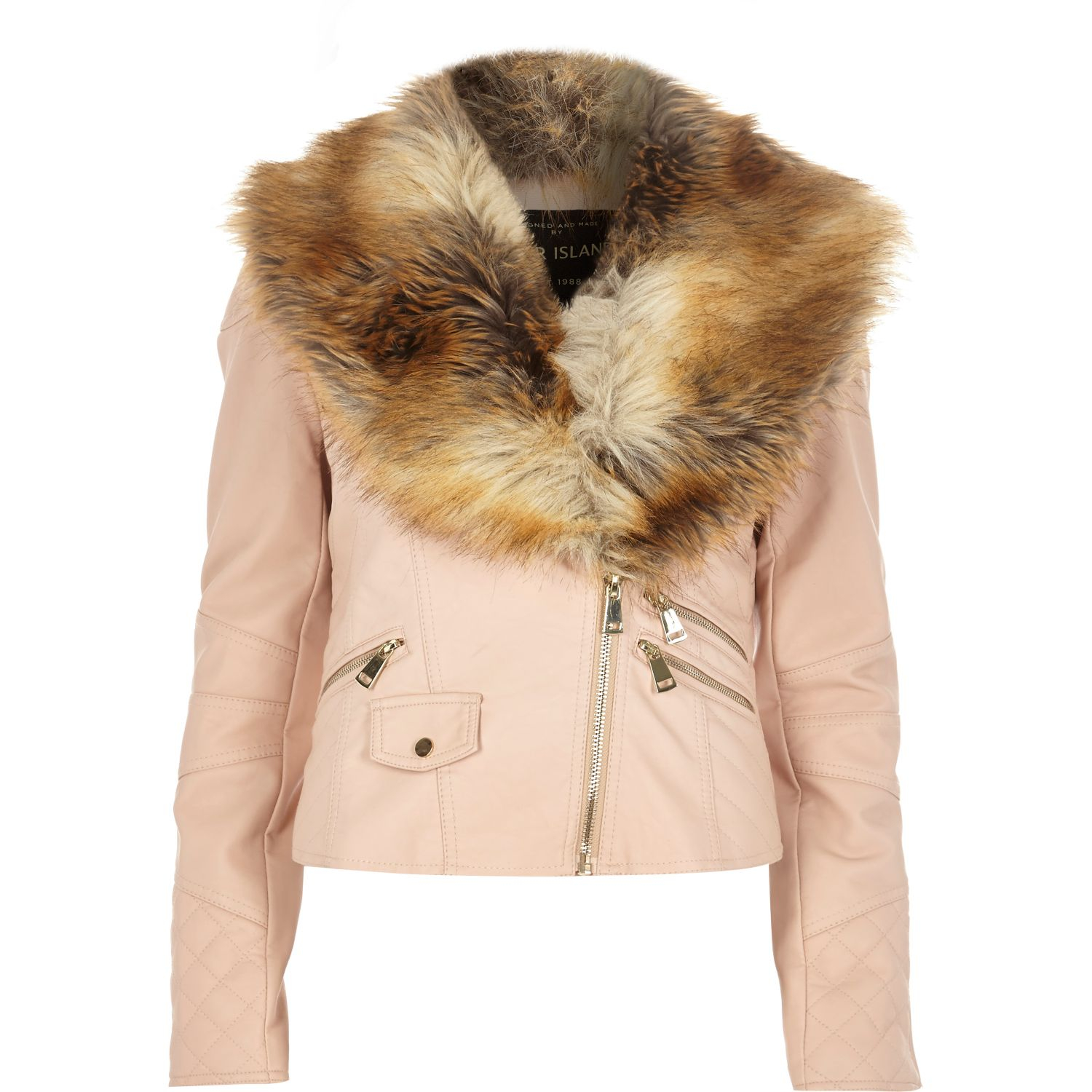 River Island Light Pink Faux Fur Collar Biker Jacket In Lyst Gallery