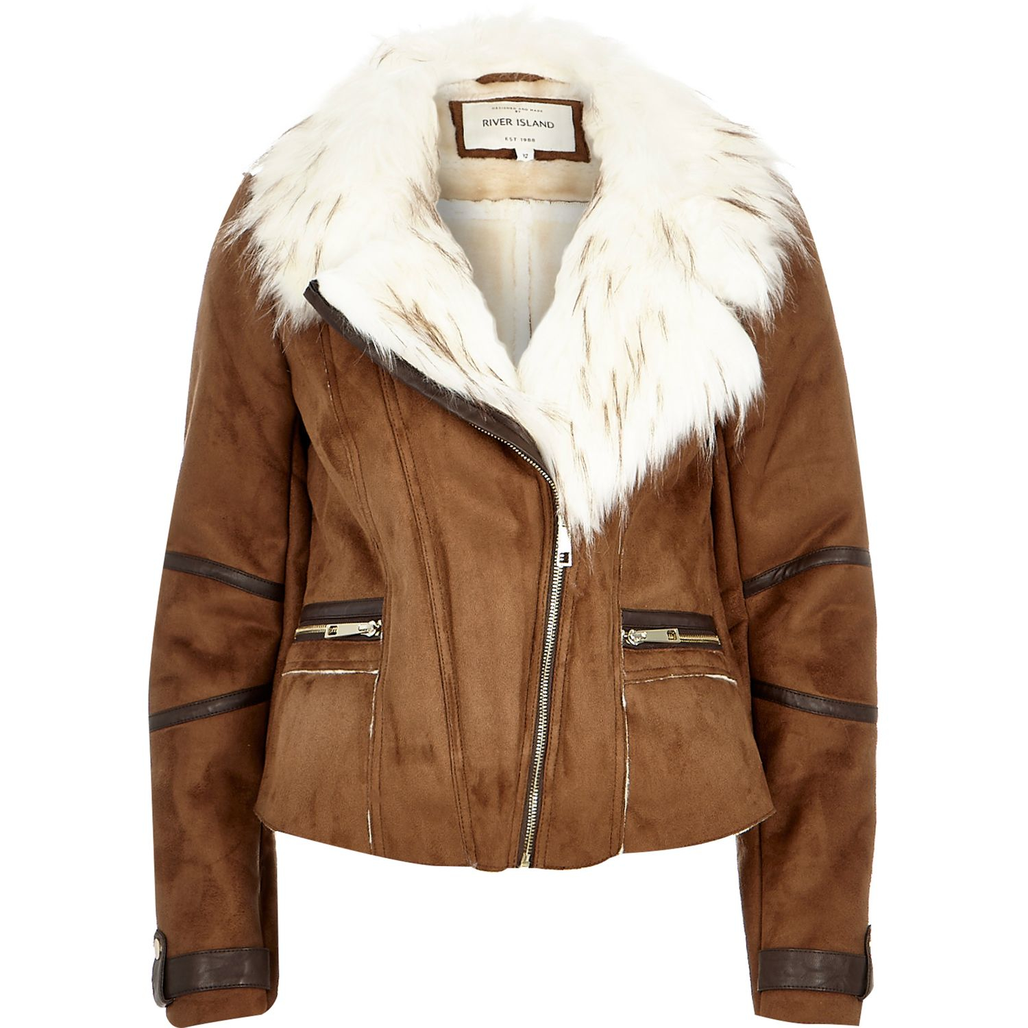 River island Tan Brown Faux Suede Fitted Biker Jacket in Brown (tan) | Lyst