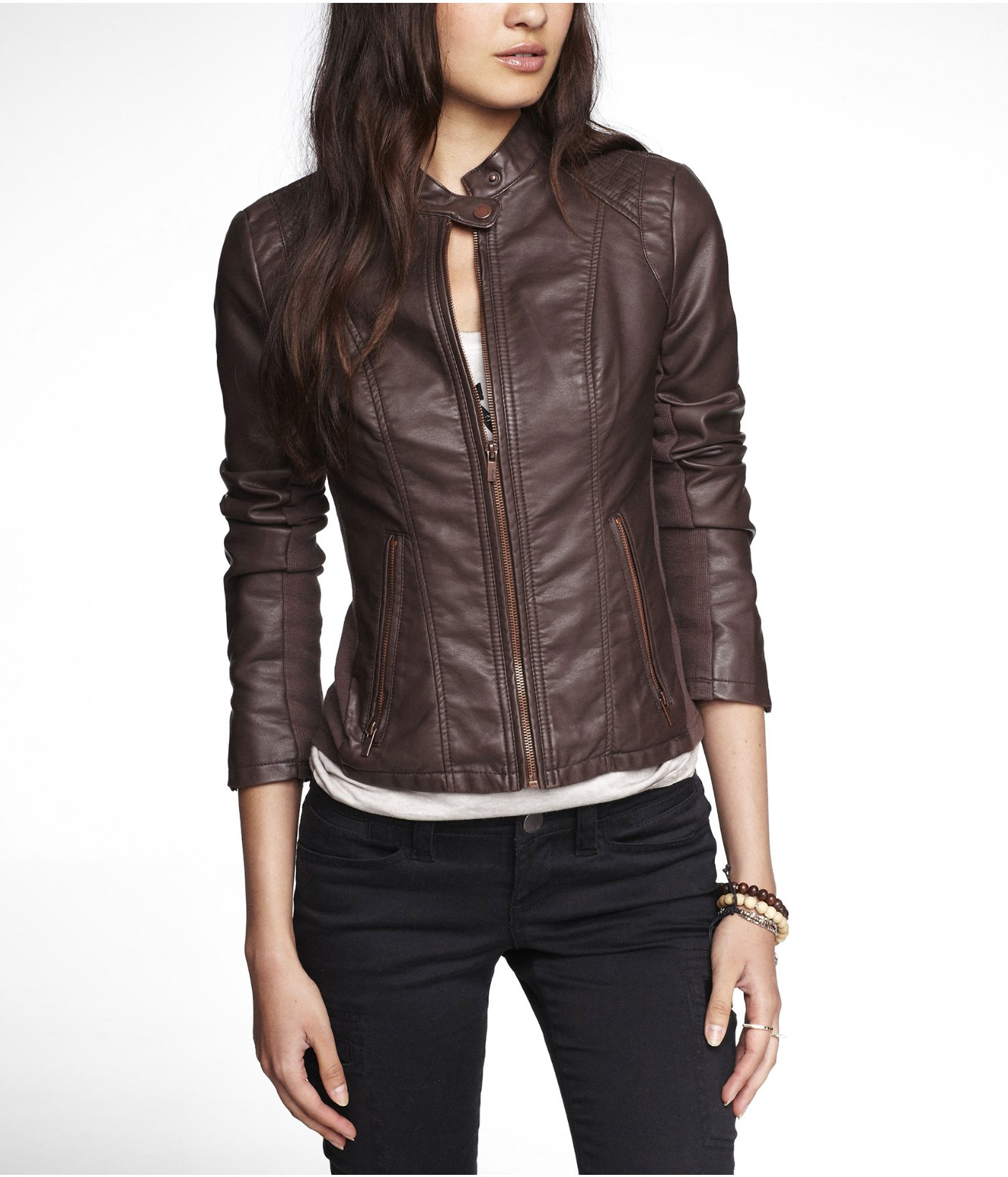 Express Minus The Leather Double Peplum Moto Jacket in Brown | Lyst