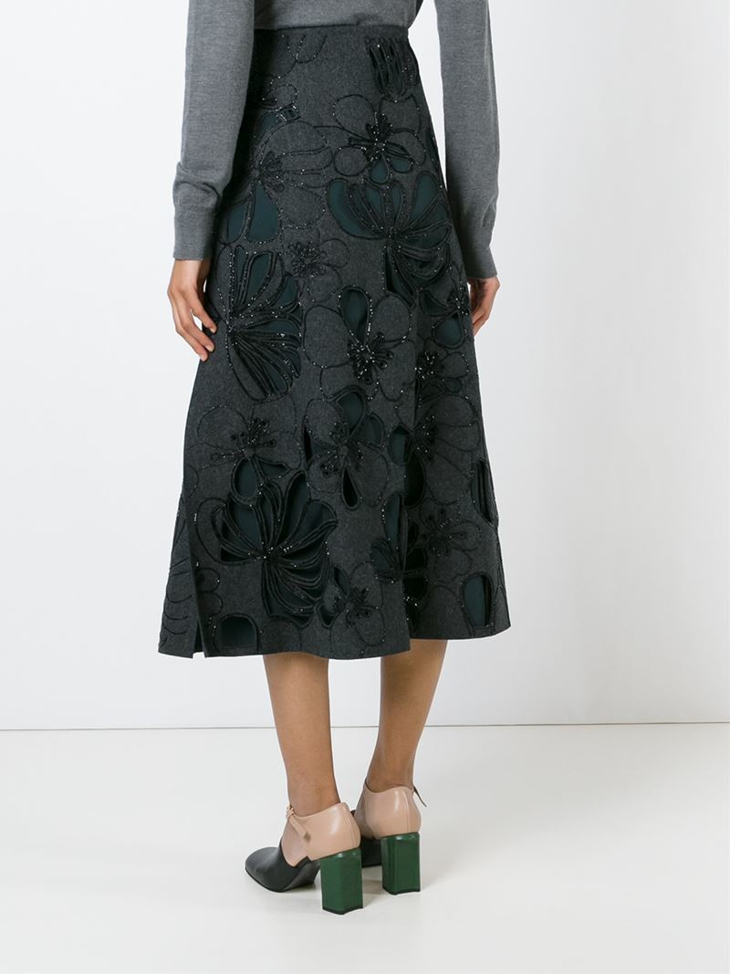 Lyst - Marni Embroidered Flower A-line Skirt in Gray