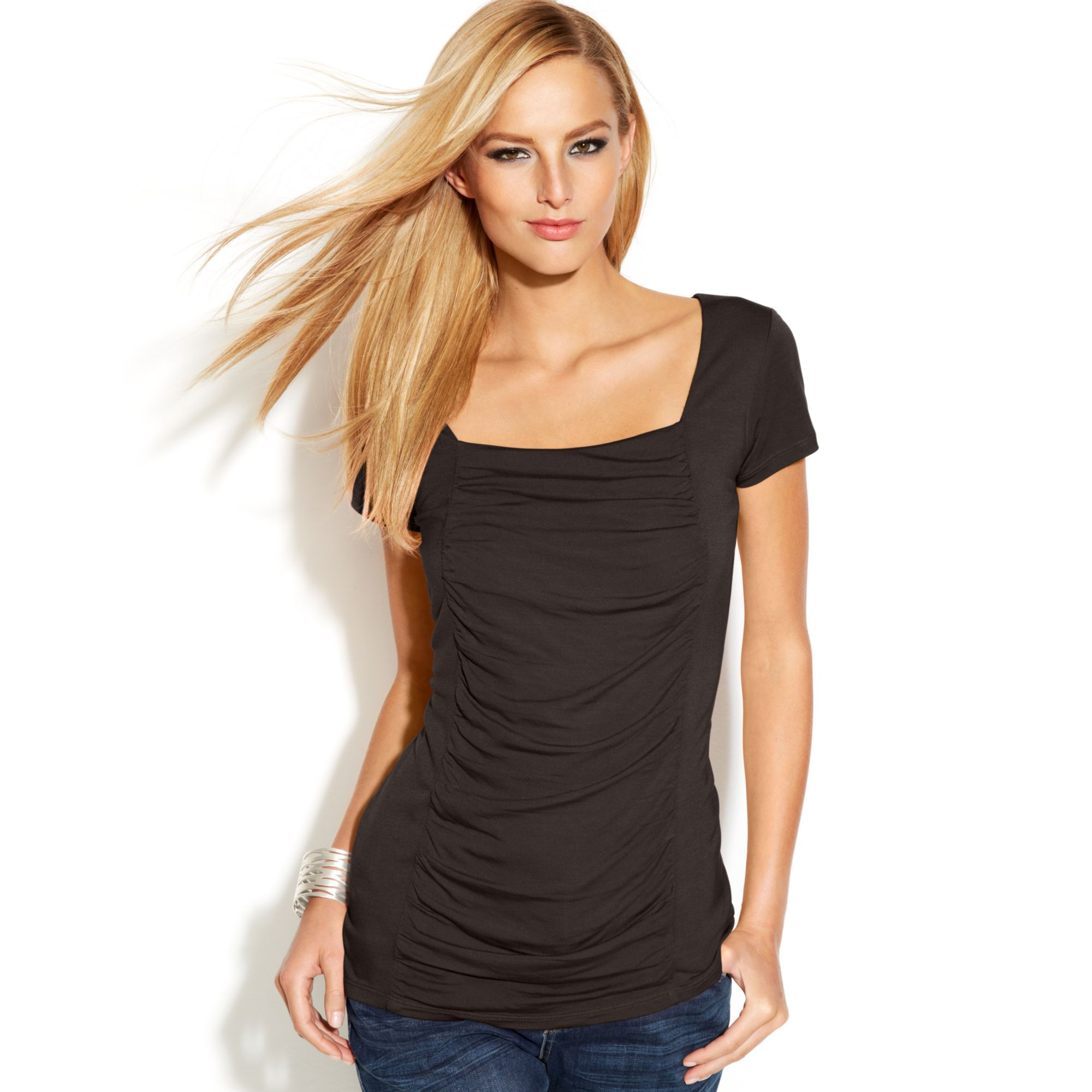 Lyst - Inc International Concepts Ruched Square Neck Top in Black