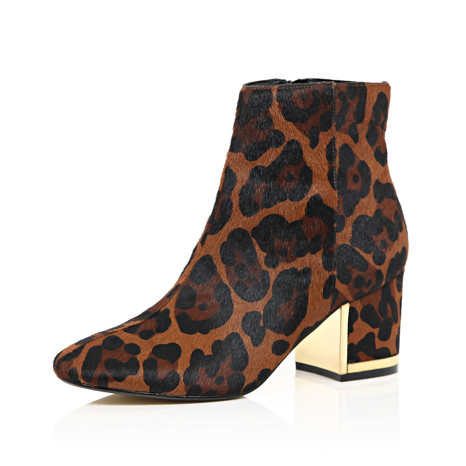 Lyst - River Island Brown Leopard Print Block Heel Boots in Brown