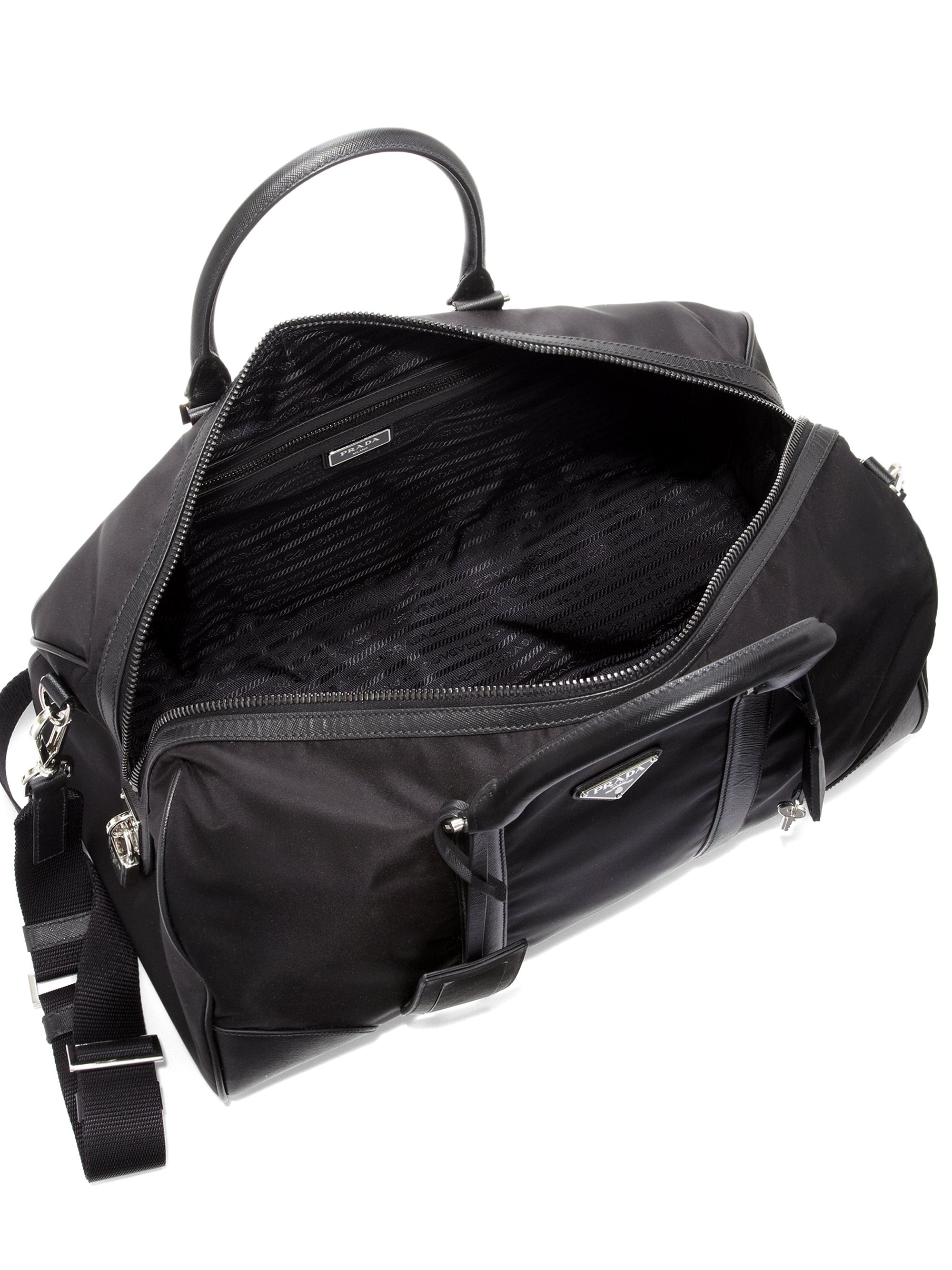Prada Nylon & Saffiano Leather Duffel Bag in Black for Men - Lyst