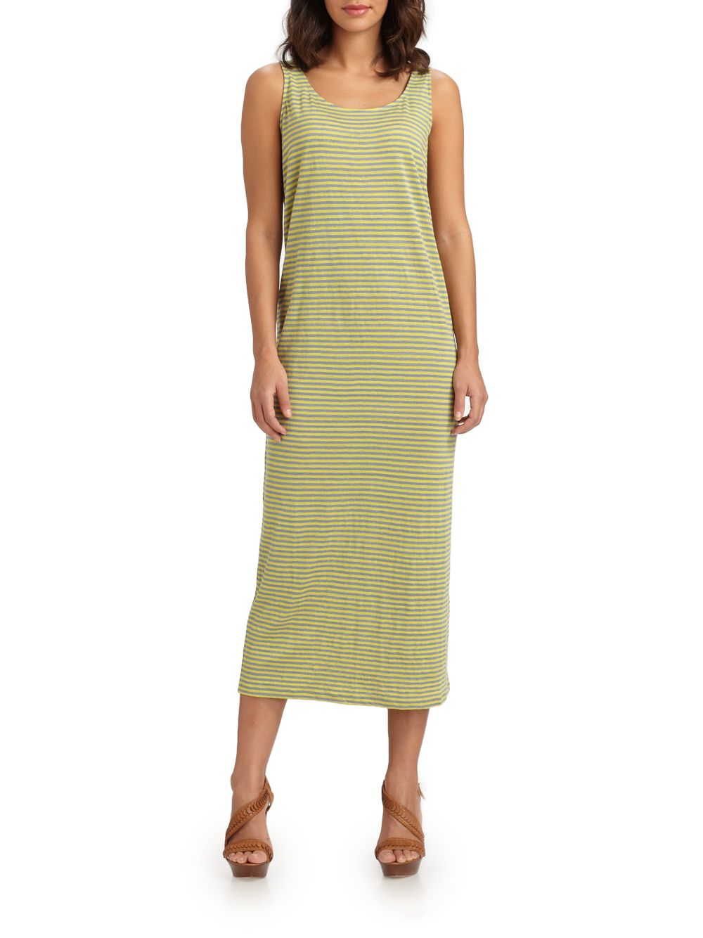 Eileen fisher Striped Linen Dress in Green | Lyst