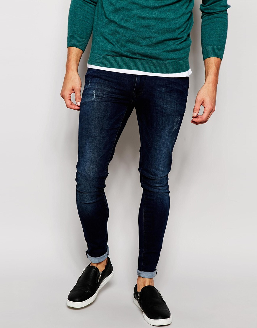 Lyst - Asos Extreme Super Skinny Jeans With Abrasions in Blue for Men