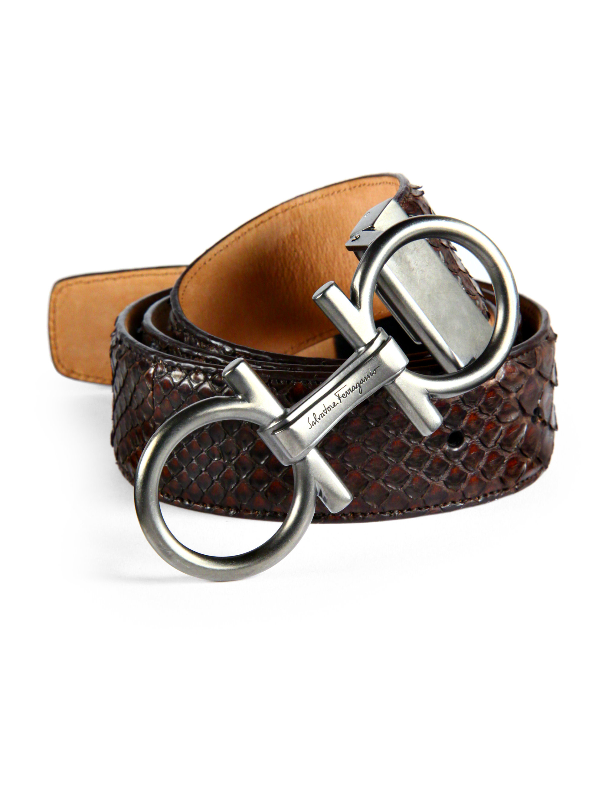 Ferragamo Double Gancini Python Belt in Brown (TOUPE) | Lyst  