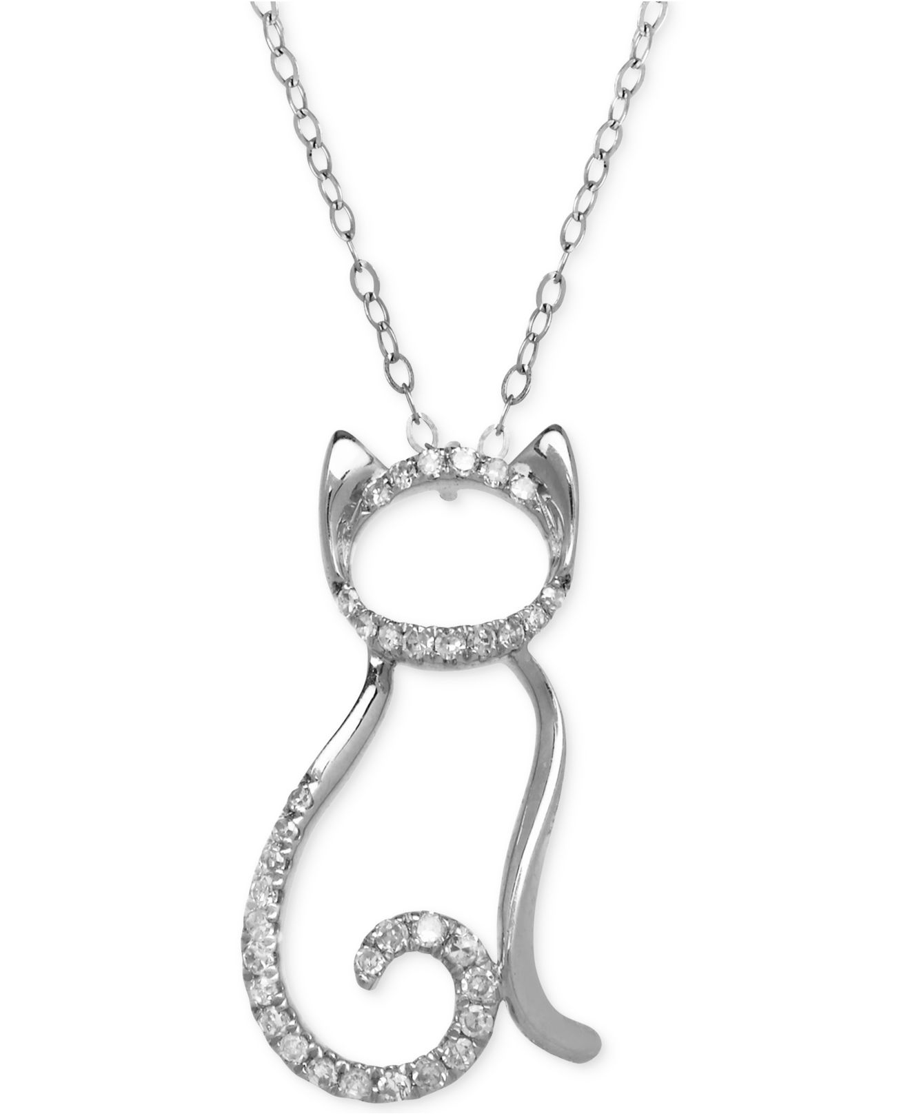 Macy's Diamond Cat Pendant Necklace (1/10 Ct. T.w.) In 10k ...
