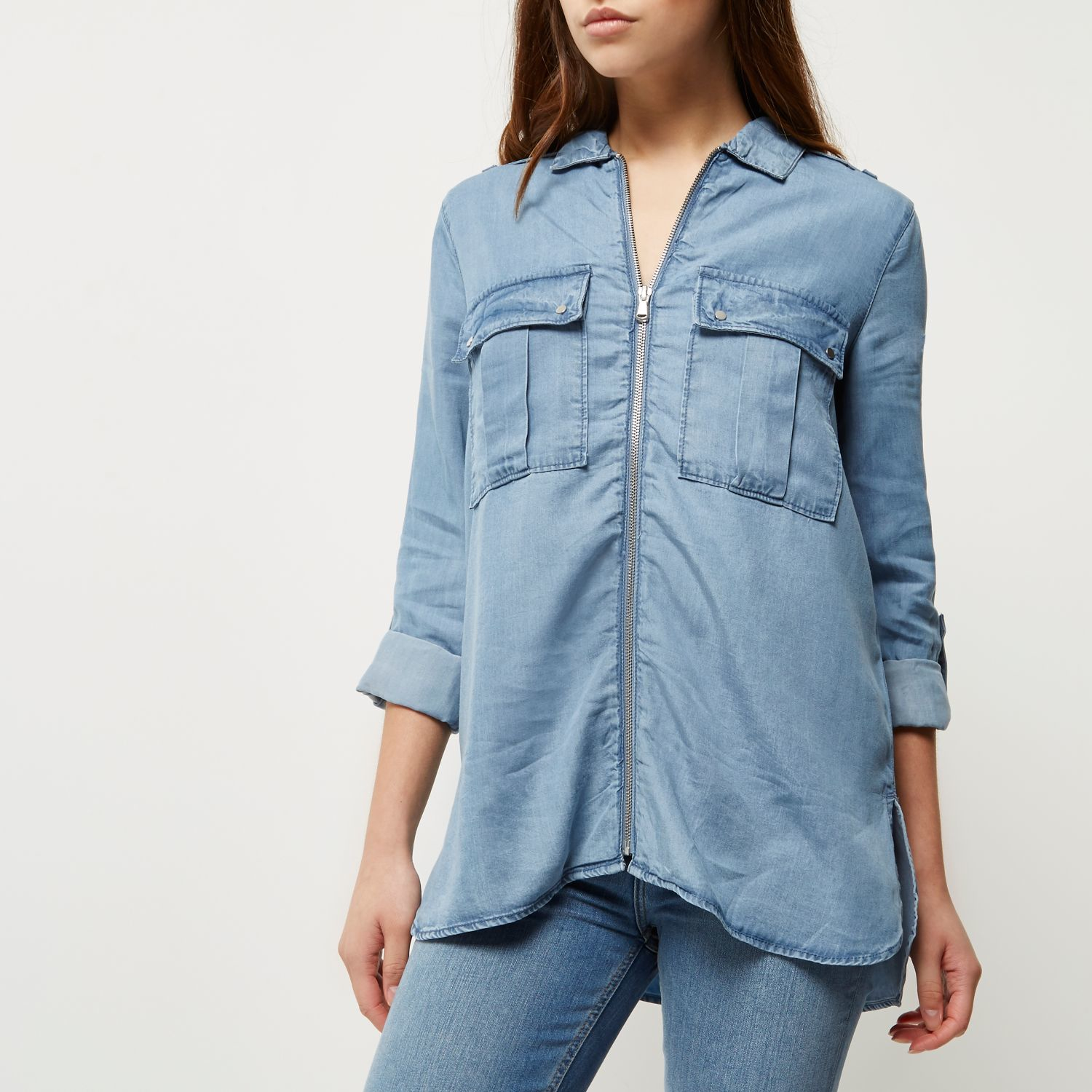 Lyst - River Island Light Blue Denim Zip-up Shirt in Blue