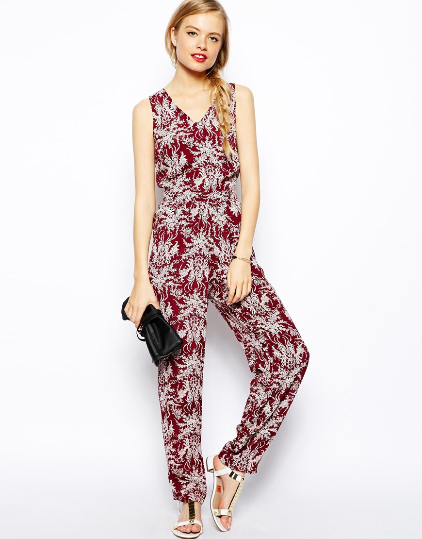 Lyst - Asos Bow Back Floral Jumpsuit in Red