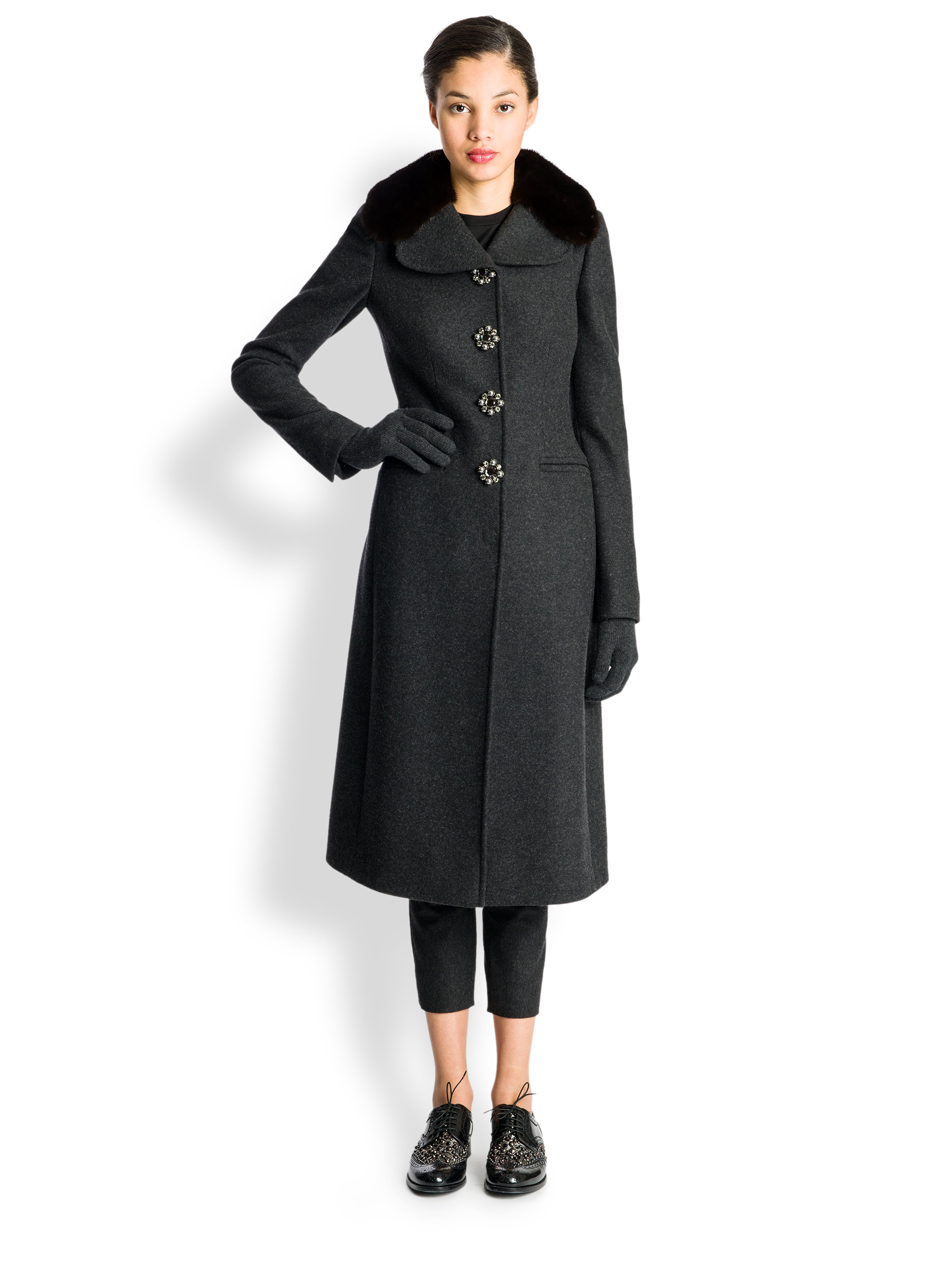 Lyst - Dolce & Gabbana Wool Fur-Trimmed Coat in Black