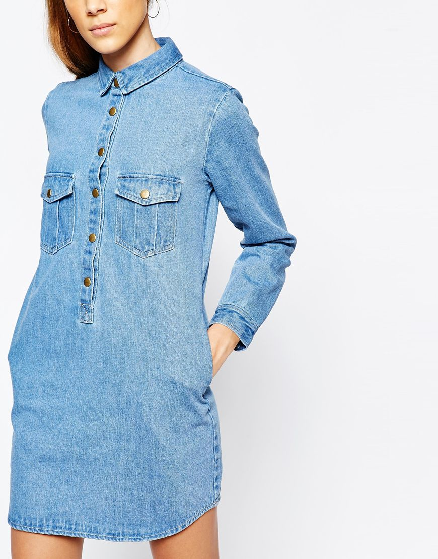 Daisy street Denim Shirt Dress With Pockets  in Blue 