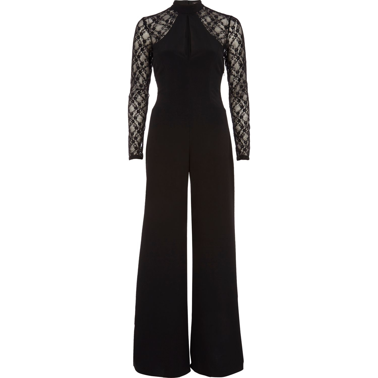 River Island Lace Sleeve Flared Jumpsuit in Black | Lyst