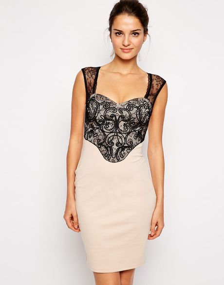 Lipsy Lace Top Bodycon Dress in Beige (134nude) | Lyst