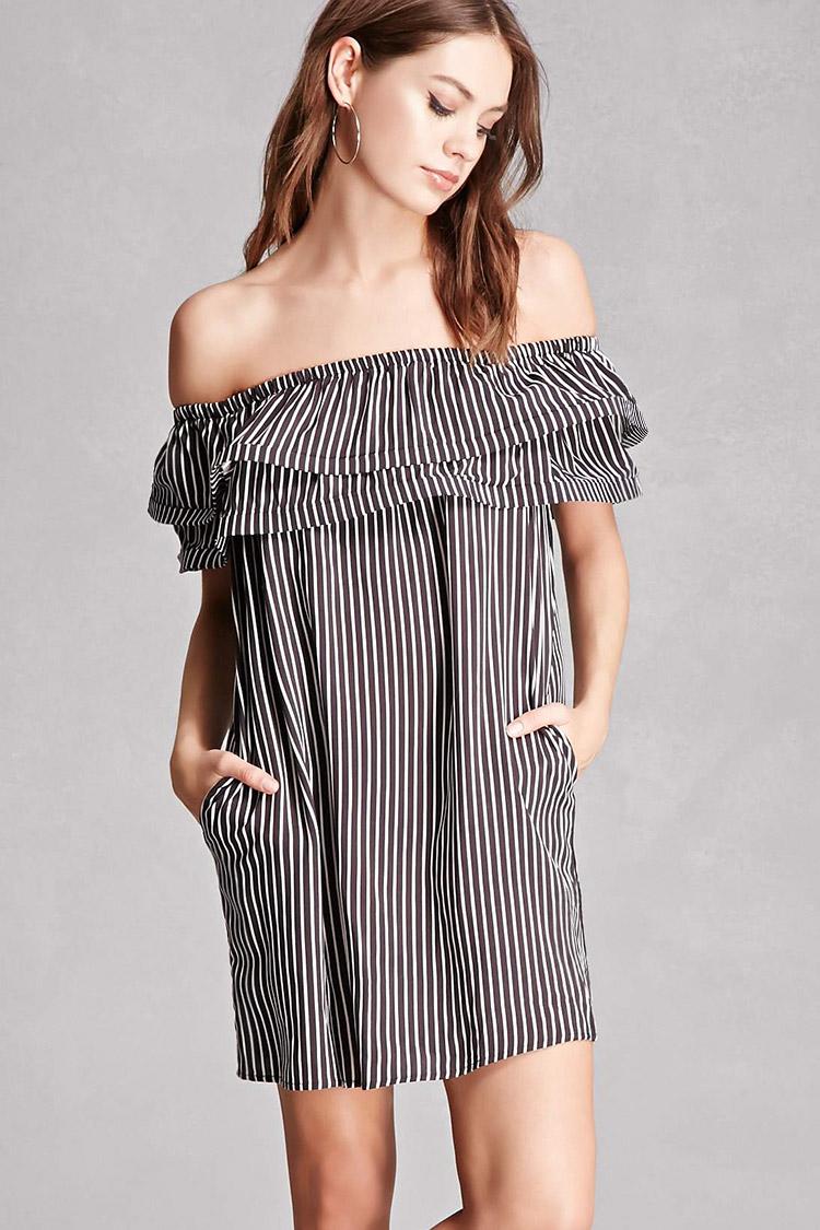Black Flounced Layer Cold Shoulder Bell Sleeves Dress
