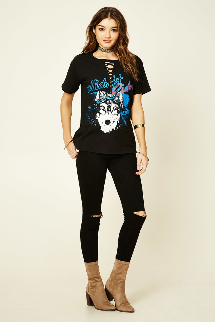 Lyst - Forever 21 Wolf Lace-up Graphic Tee in Black