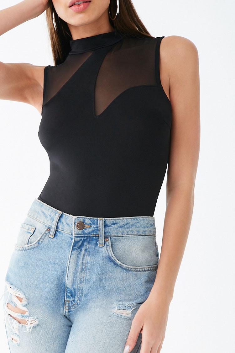 Download Forever 21 Mesh-insert Mock-neck Bodysuit in Black - Lyst