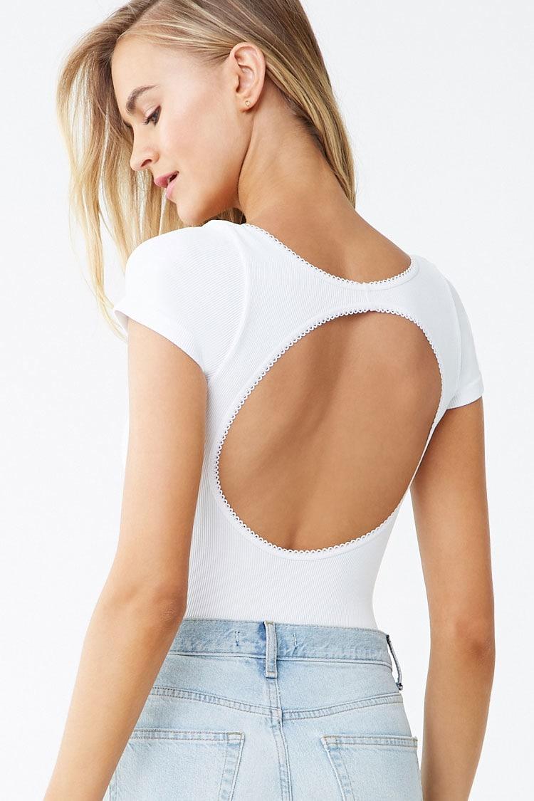 Forever 21 Ribbed Cutout Picot-trim Thong Bodysuit , White