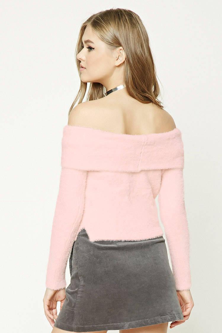 fuzzy sweater off the shoulder