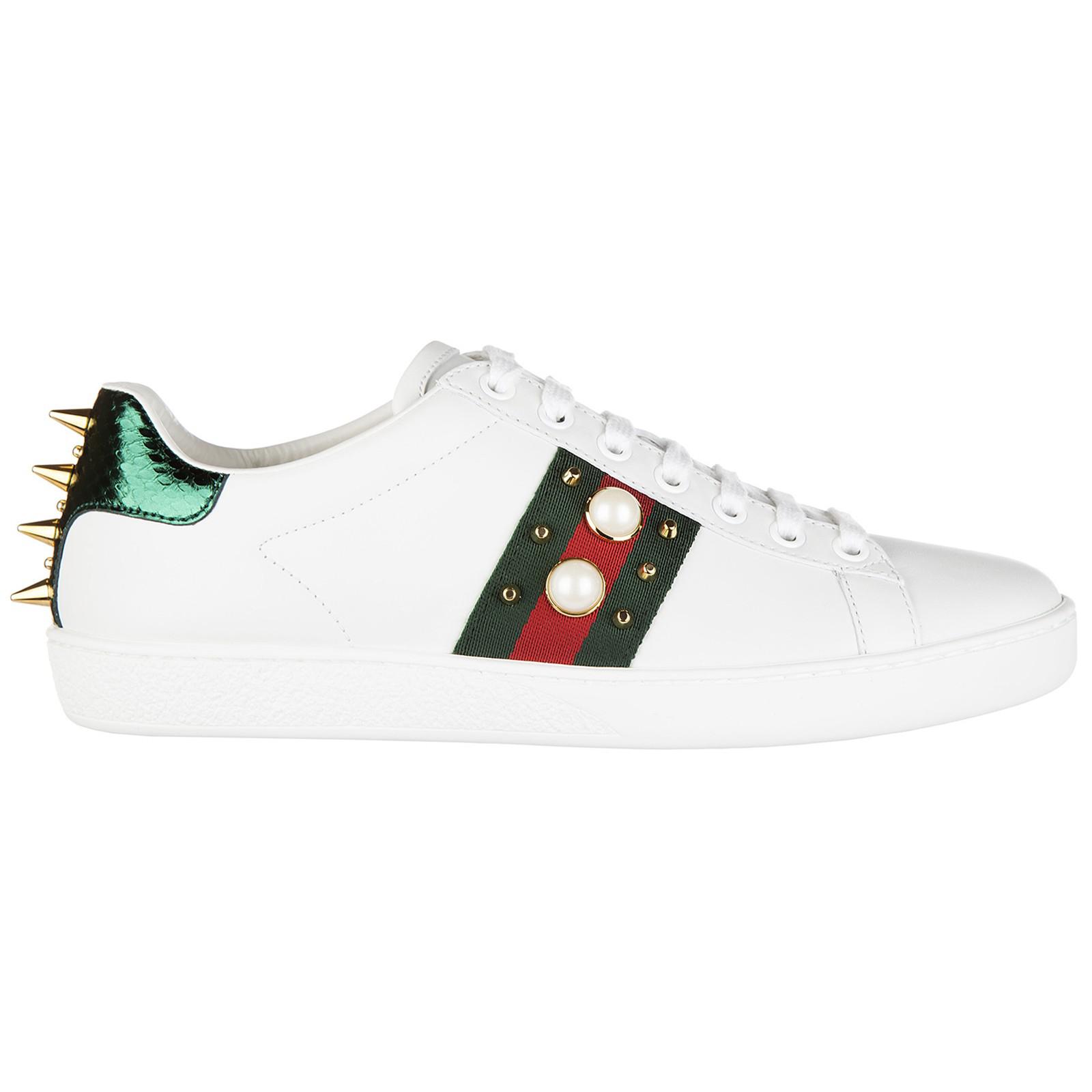 Lyst - Gucci Ace Pearl And Stud-Detail Leather Trainers in White - Save ...