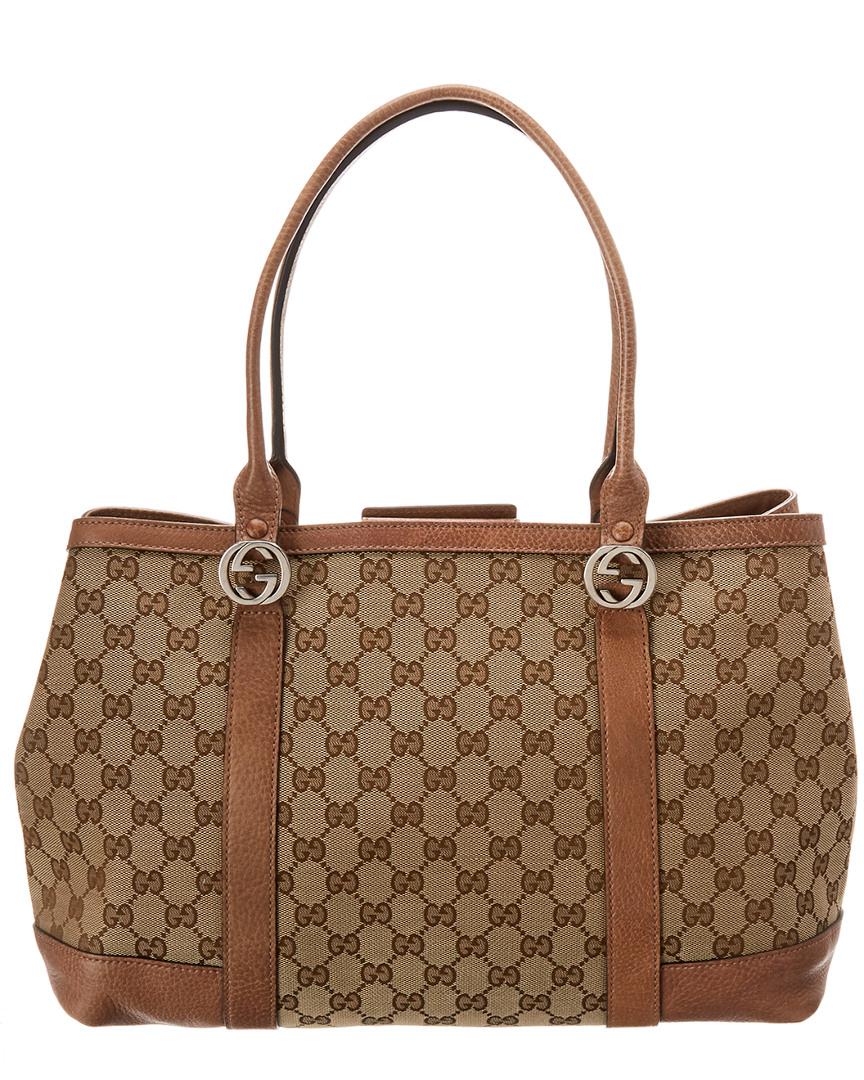 Lyst Gucci Brown Gg Canvas Leather Miss Tote In