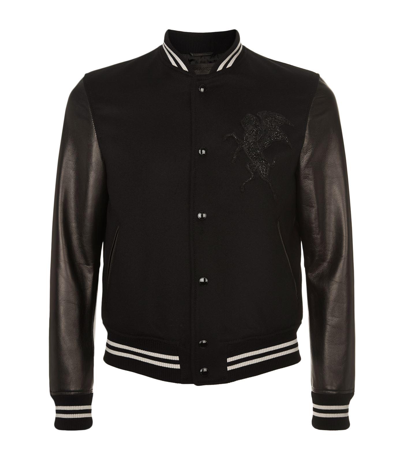 Lyst - Alexander Mcqueen Leather Sleeve Flannel Bomber Jacket in Black ...
