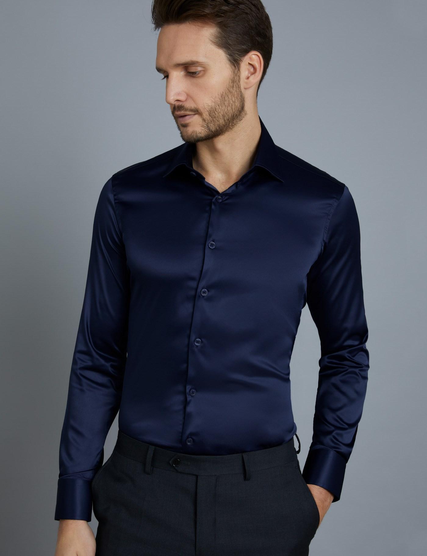 Hawes & Curtis Navy Satin Slim Fit Stretch Shirt in Blue for Men - Lyst