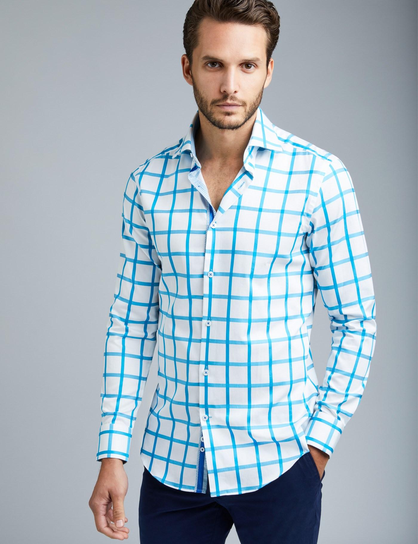 Hawes & Curtis White & Turquoise Large Check Slim Fit Smart Casual ...
