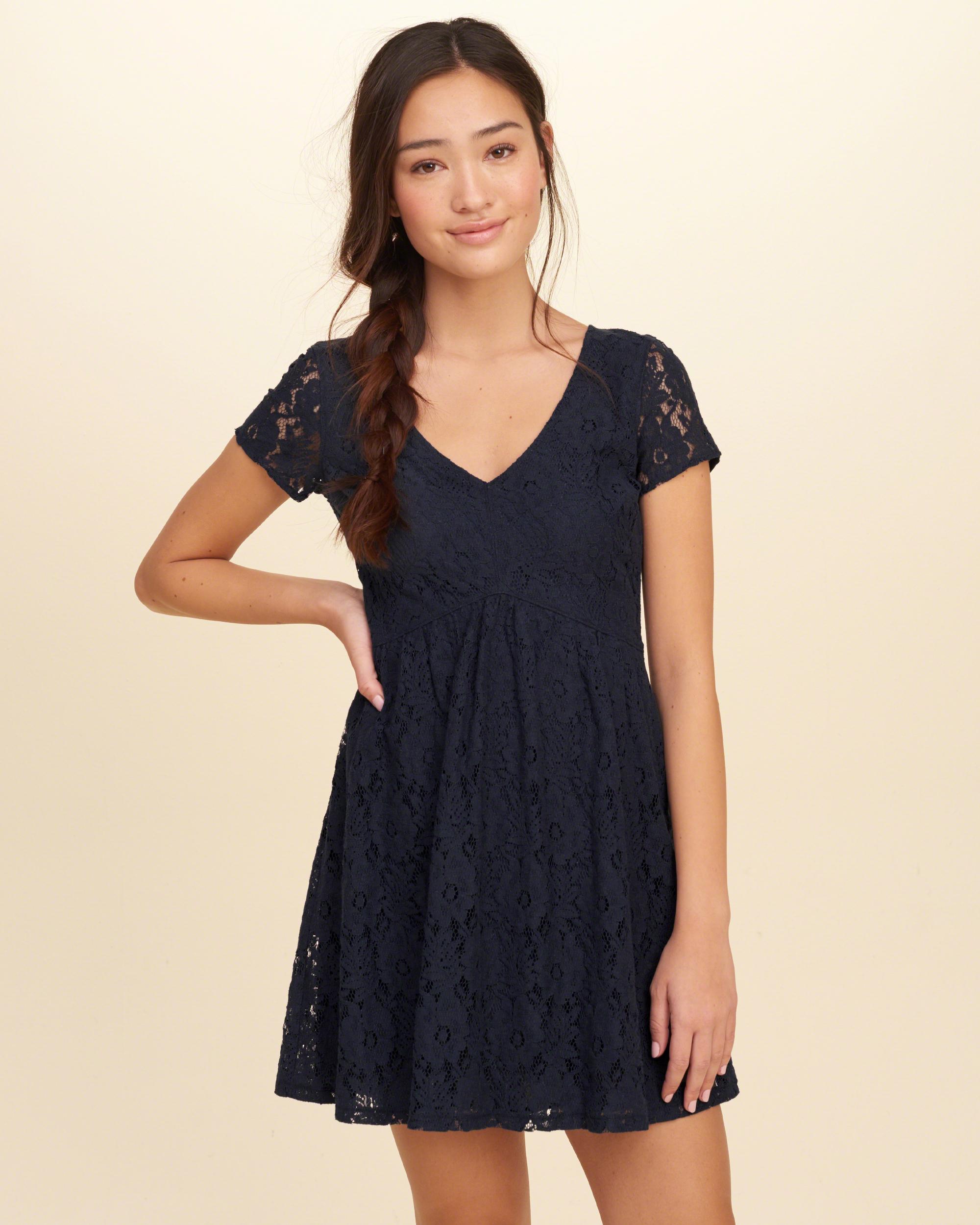 Hollister V-neck Lace Skater Dress in Blue | Lyst