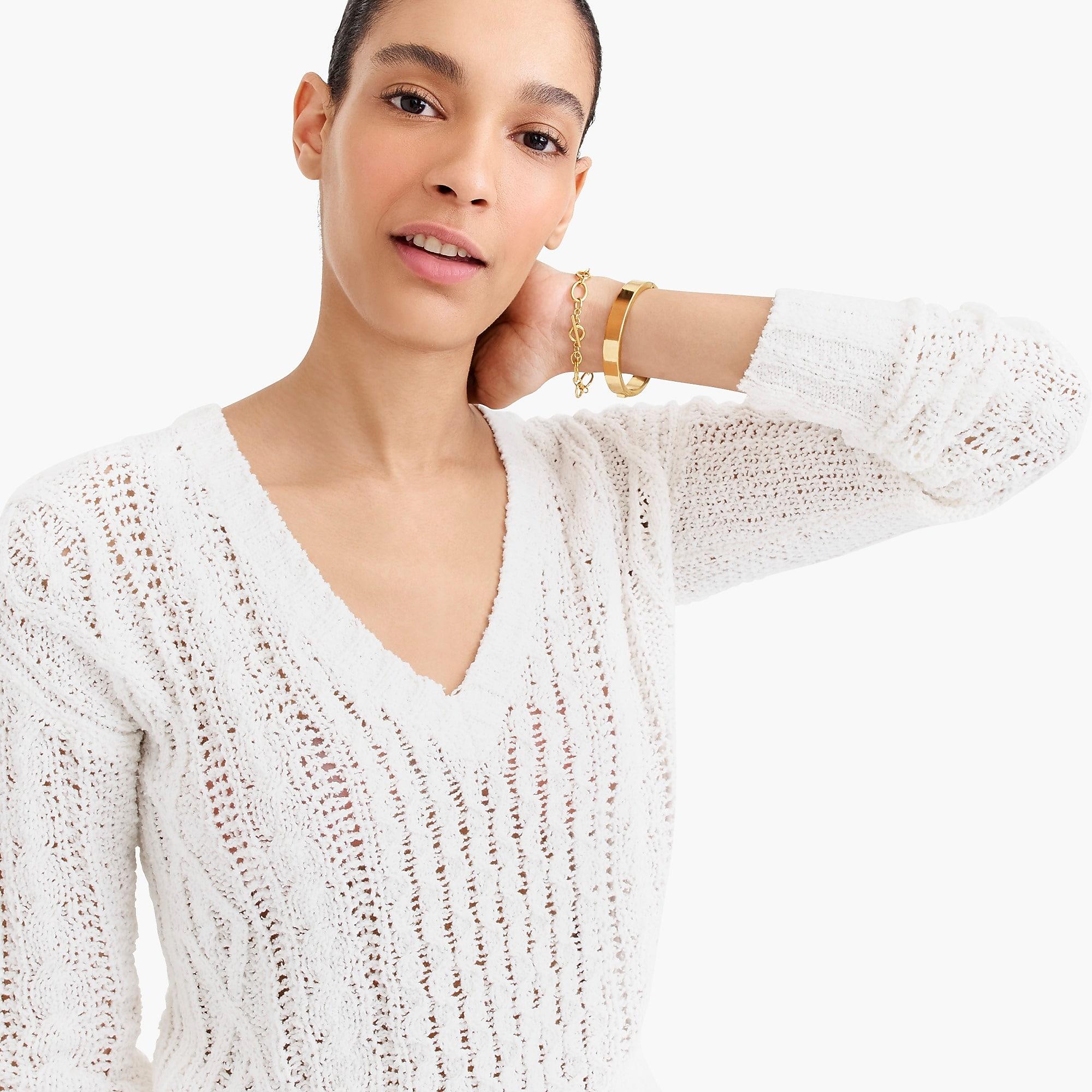 J.Crew Denim Point Sur Cableknit Vneck Sweater in Ivory (White) Lyst