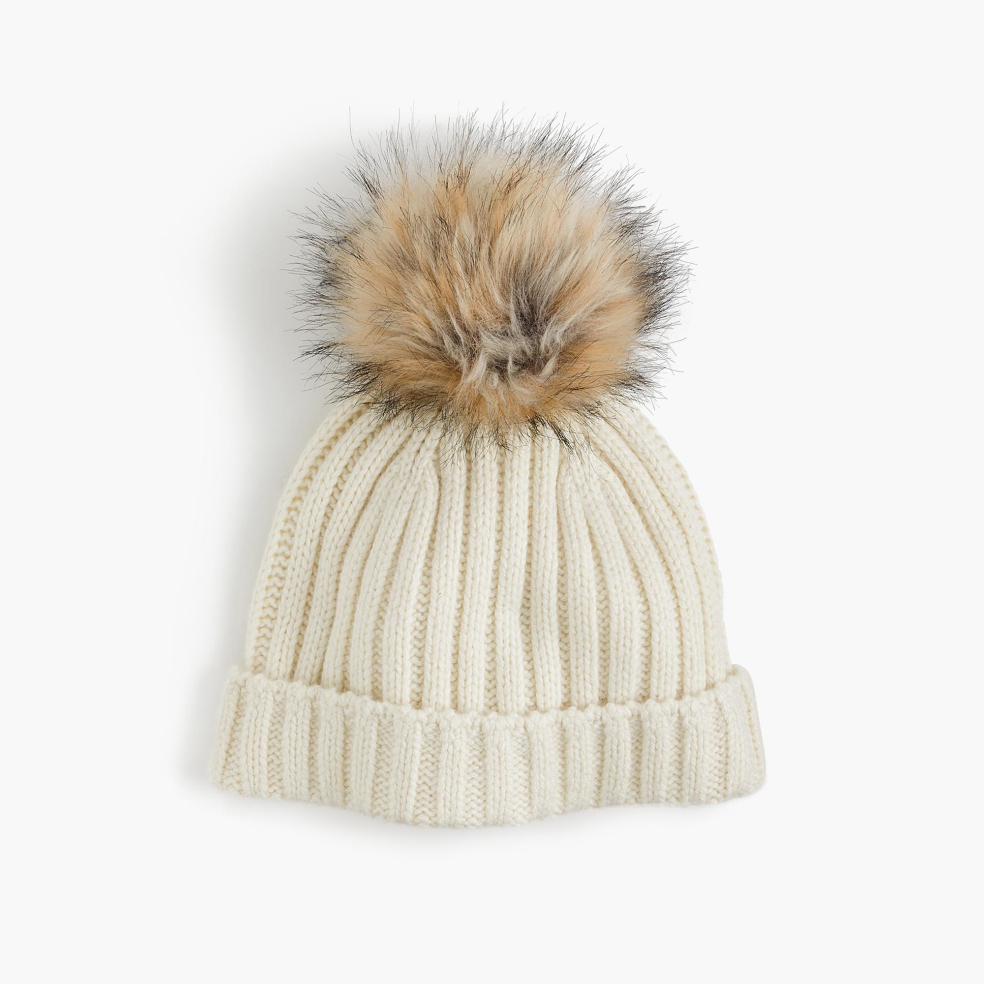 J.crew Ribbed Hat With Faux-fur Pom-pom in White | Lyst