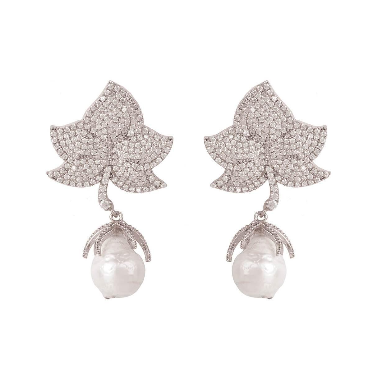 LÁTELITA London Rhodium Plated Baroque Pearl Leaf Earring With White Cz ...