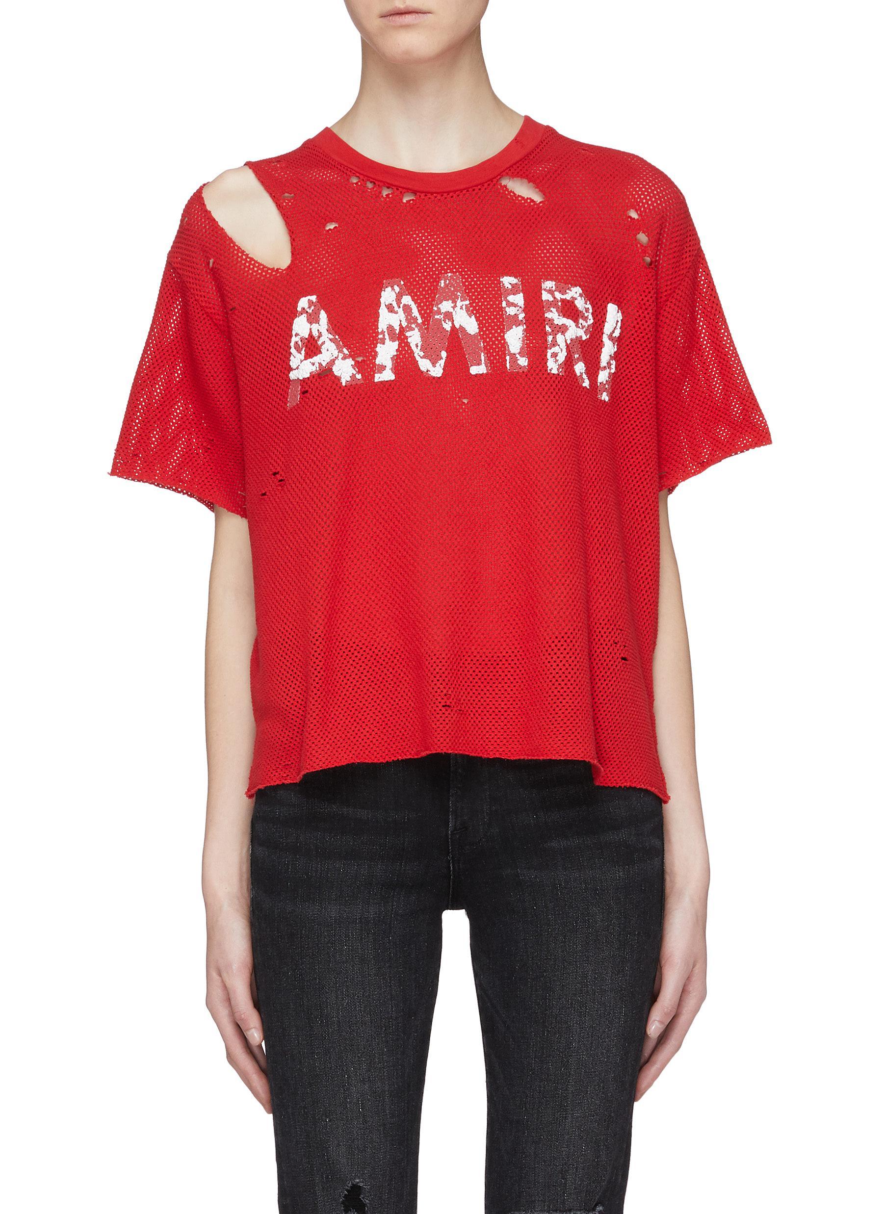 Amiri Logo Graphic Print Distressed Cropped T-shirt in Red - Lyst