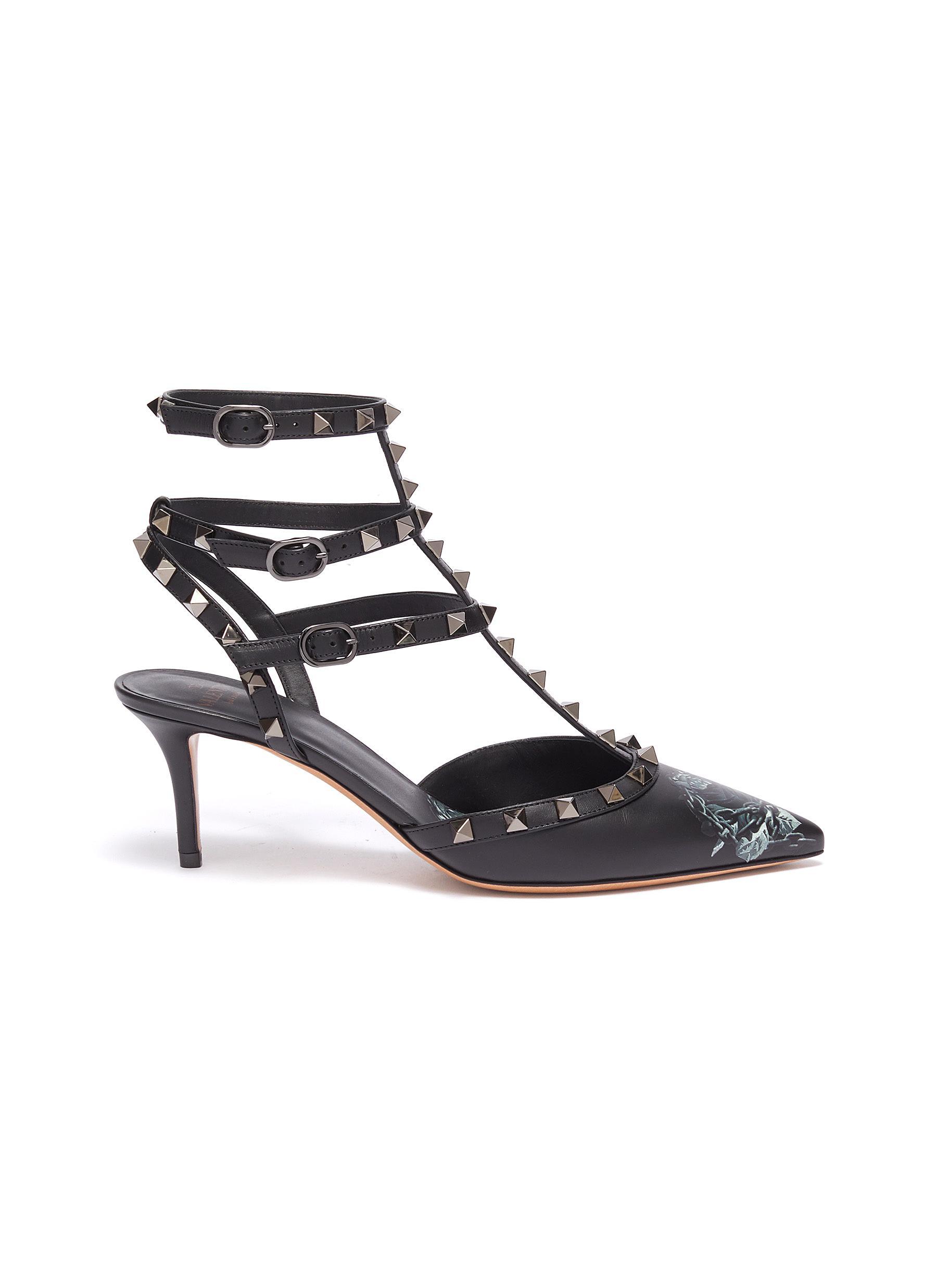 Valentino X Undercover Rockstud Rose Print Leather Strappy Pumps in ...