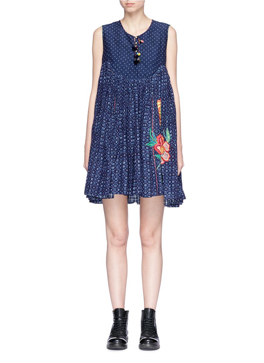 Lyst Péro Beaded Floral Embroidered Cottonsilk Babydoll Dress in Blue