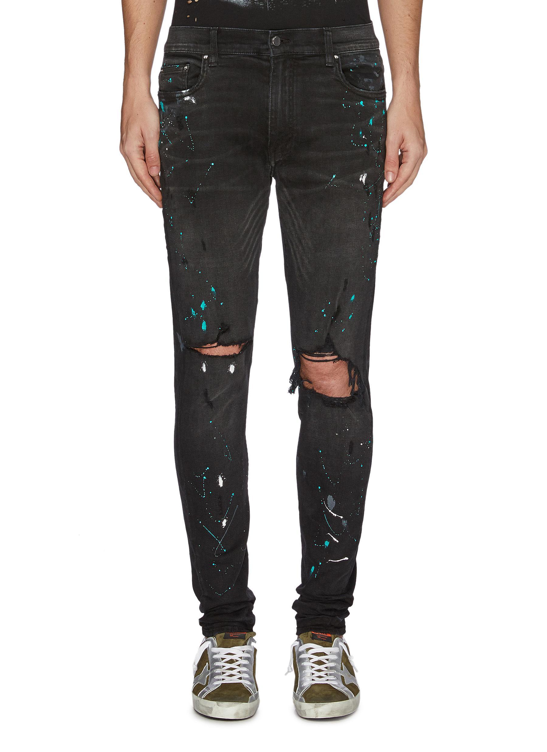 Amiri 'graffiti' Paint Splatter Print Ripped Jeans in Black for Men - Lyst