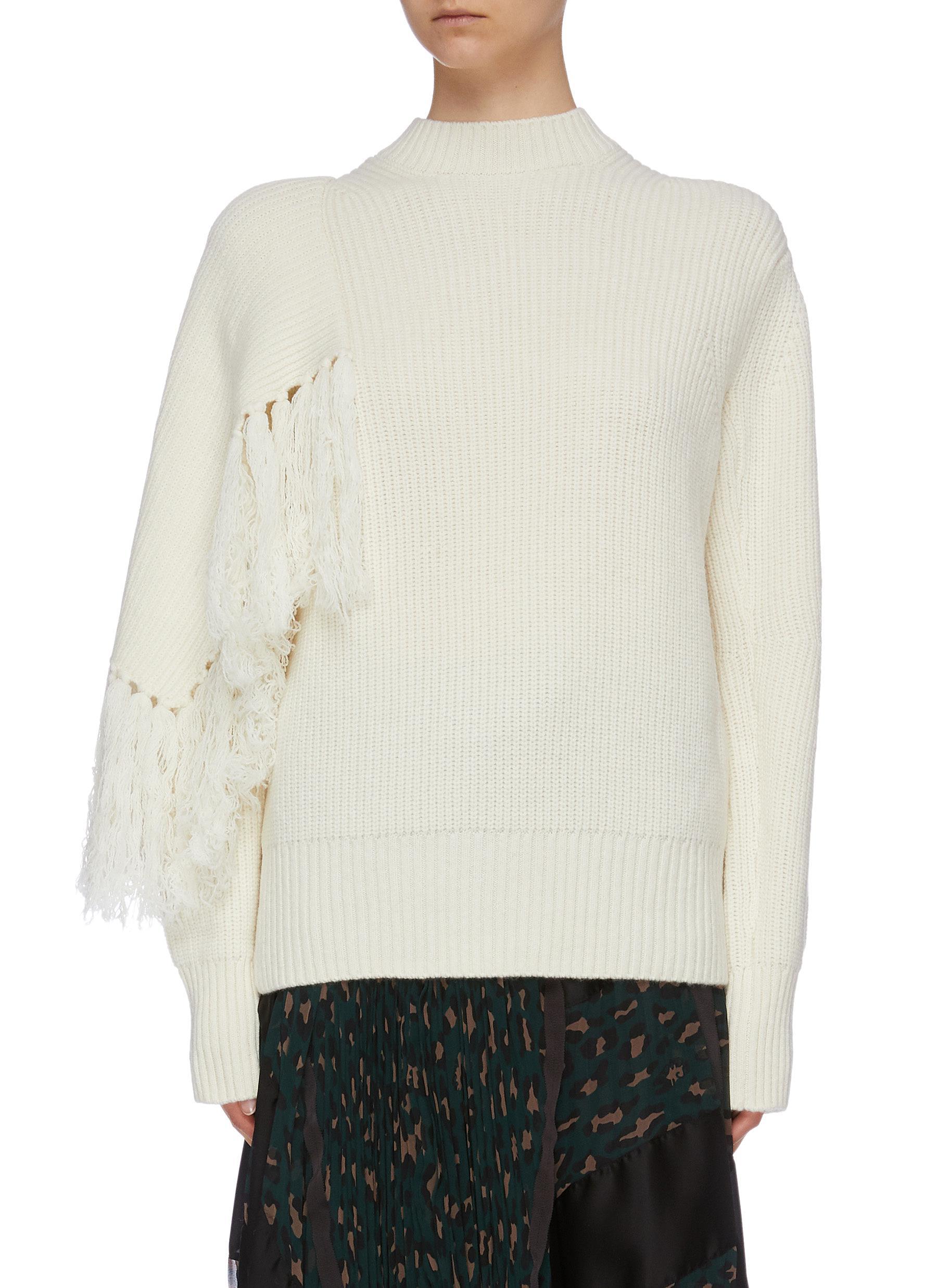 Download Sacai Asymmetric Fringe Scarf Sleeve Panel Mock Neck Wool ...