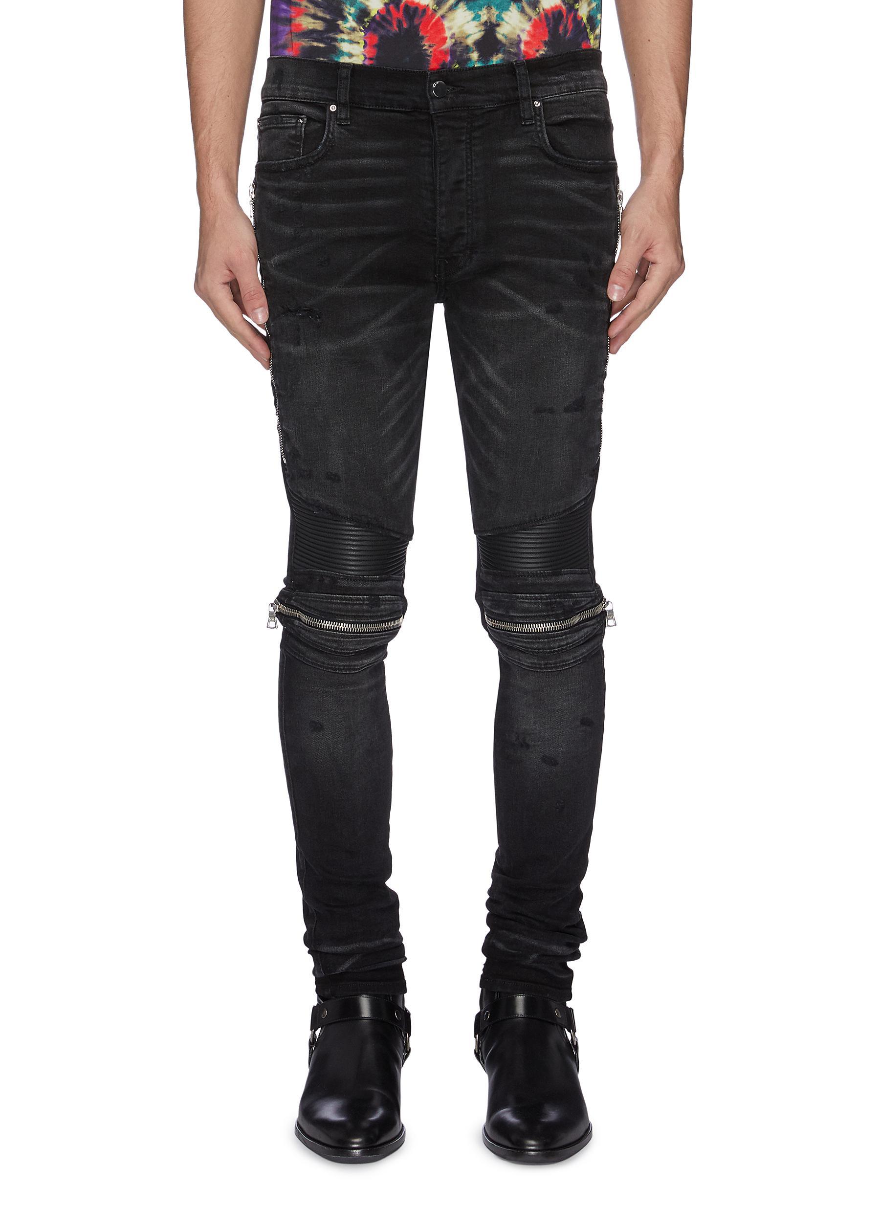 Amiri 'mx2' Pleated Leather Patch Jeans in Grey (Gray) for Men - Lyst