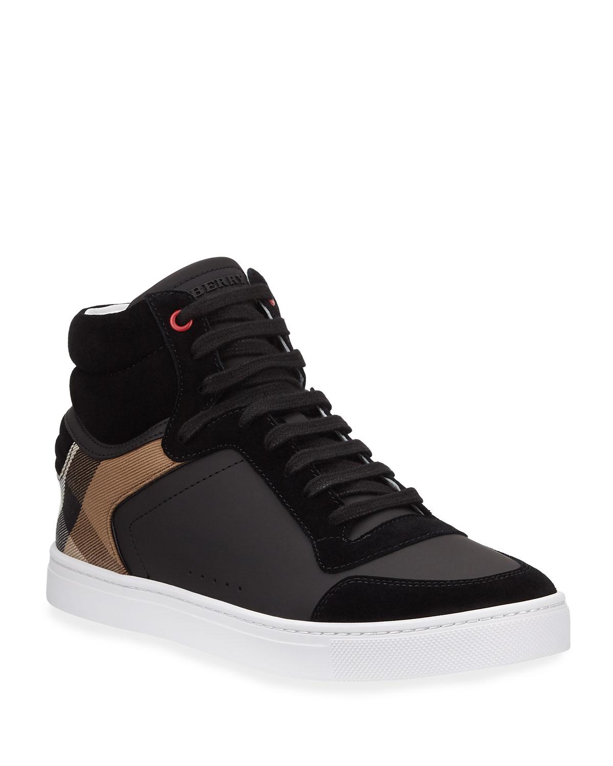 Burberry Men's Leather Check High-top Sneakers in Black for Men - Lyst