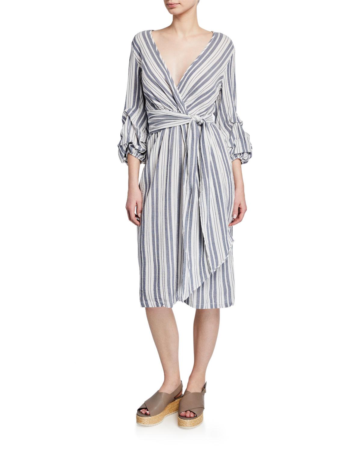 Lyst - Max Studio Ruched-sleeve Striped Wrap Dress in Blue