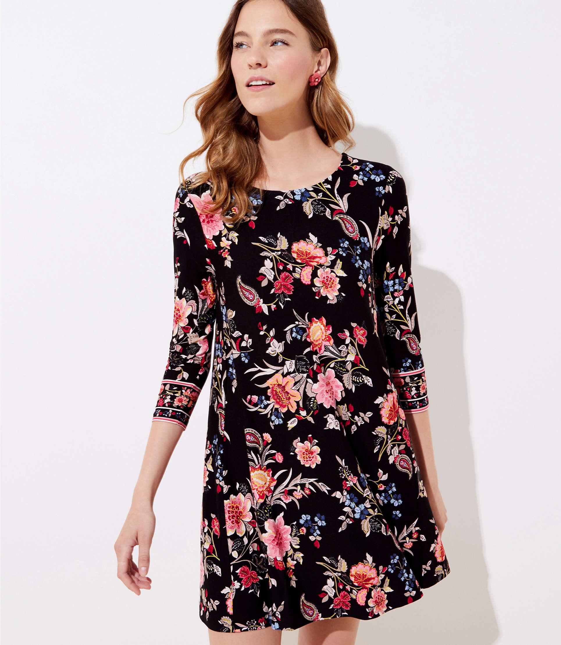 LOFT Floral 3/4 Sleeve Swing Dress in Black Lyst