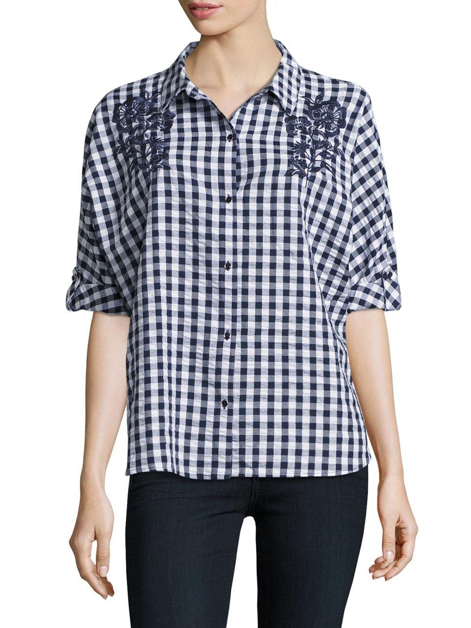 lyst isaac mizrahi new york embroidered gingham plaid blouse in blue lyst isaac mizrahi new york embroidered gingham plaid blouse in blue