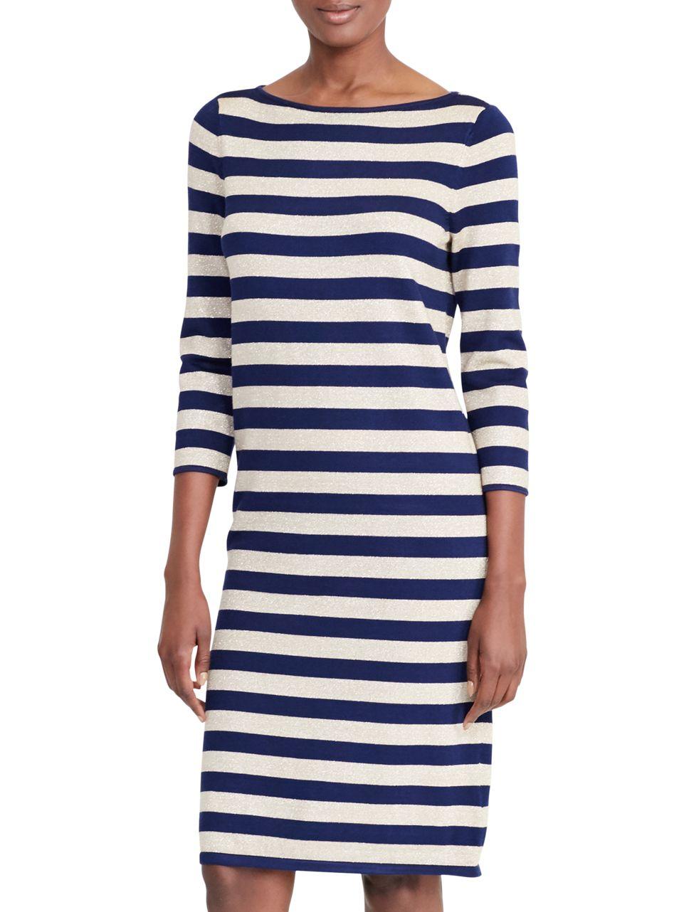 Lauren by ralph lauren Striped Metallic Sweater Dress in Blue | Lyst