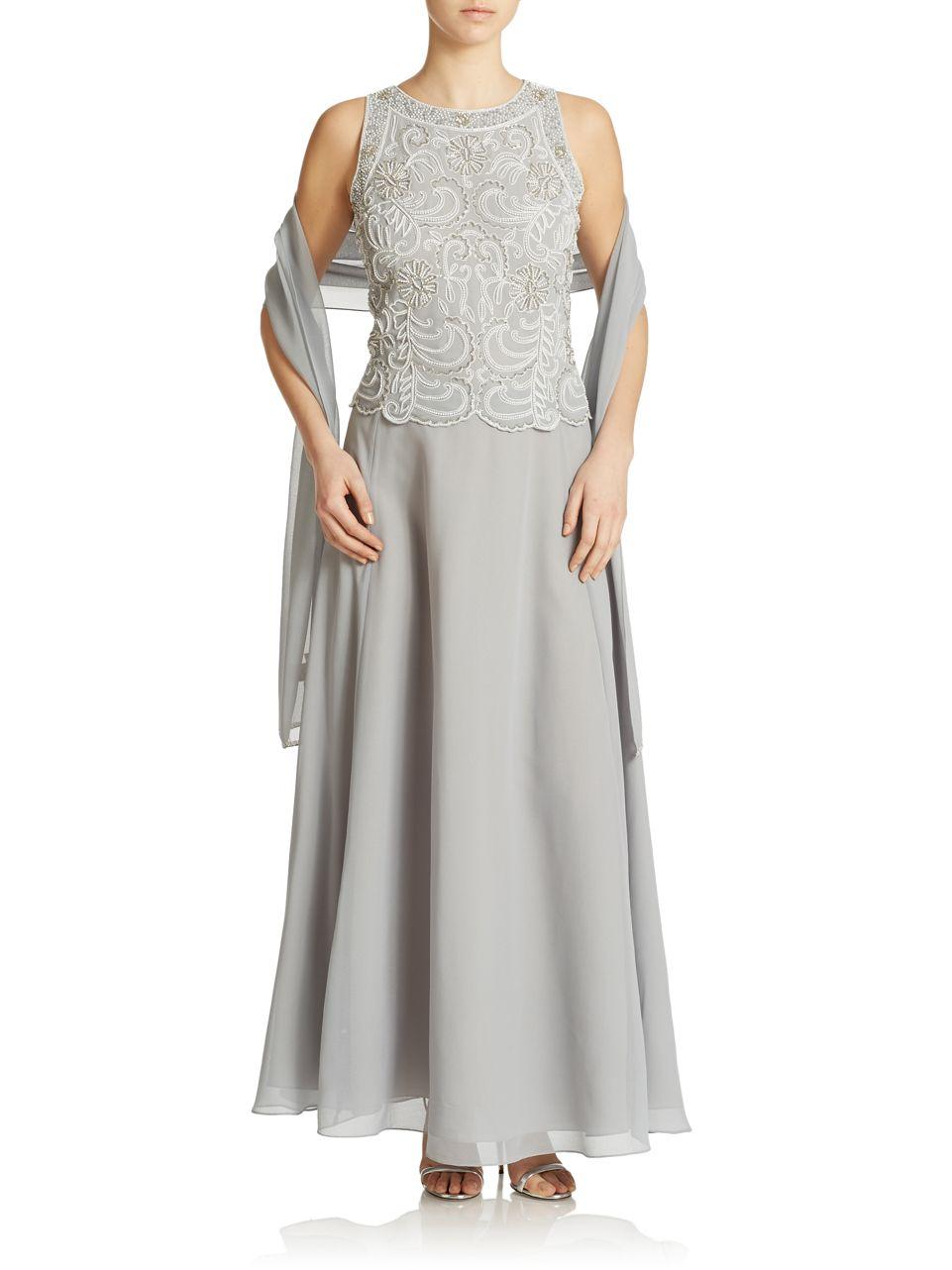 j kara beaded gown and chiffon scarf