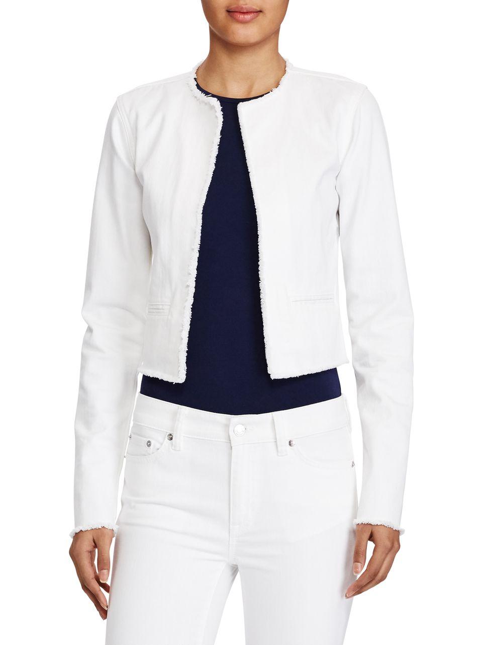 Lauren by ralph lauren Frayed Cotton-blend Denim Jacket in White | Lyst